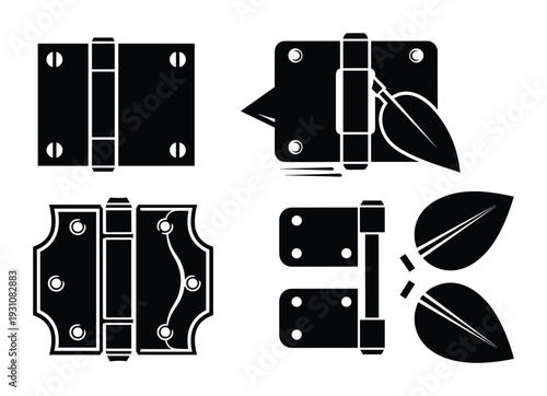 Black hinge set vector illustration. Collection of various hinges and leaf shapes, isolated on white background.