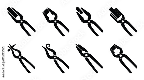 Blacksmith tongs vector collection, metal forging tools, blacksmithing and metalworking equipment isolated illustration