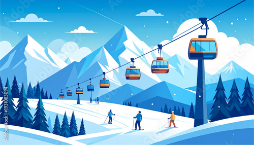 Winter sports enthusiasts enjoying a scenic mountain ski resort with lift and snowy peaks. isolated on transparent background