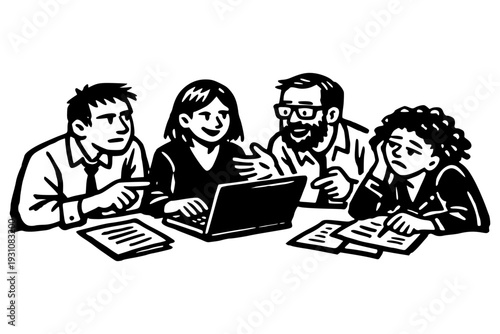 机を囲んで話し合うチーム　打ち合わせと協働のモノクロイラスト