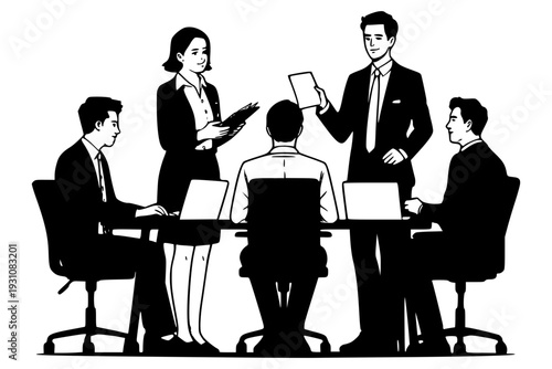 会議で議論するビジネスチーム　プレゼンとミーティングのモノクロシルエットイラスト