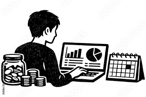 パソコンで資産運用を分析する人物　貯金と投資計画のモノクロイラスト