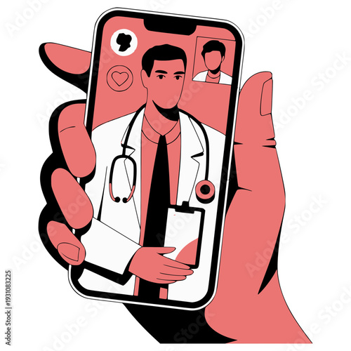 スマホでオンライン診療する医師　ビデオ通話のテレヘルスイラスト