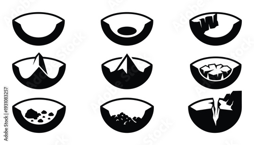 Bowl interior stages, illustration of a half section bowl filled with different contents and stages, black and white icons