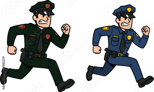 Cartoon police officer running illustration, law enforcement character cad drawing flat vector isolated background