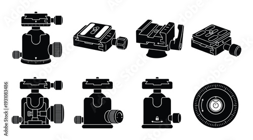 Camera tripod head designs, including ball heads, Arca-Swiss plate, and leveling base views in vector art