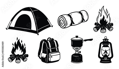 Camping equipment illustration featuring tent, sleeping bag, campfire, backpack, stove and lantern, line art, black and white
