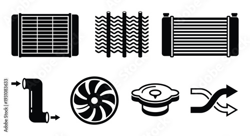 Car cooling system components vector illustration. Radiator, hose, fan, expansion tank, engine cooling system parts