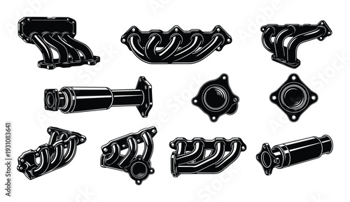 Car Exhaust Manifolds Vector Set, Black Metal Exhaust System Parts for Engine Performance and Automotive Projects