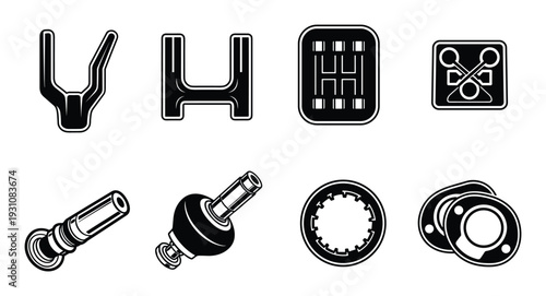 Car parts vector icons set in black and white. Automotive industry spare parts, gear shift mechanism, vehicle components