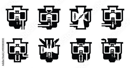 Carburetor Diagrams Vector Set, internal engine parts with float chamber, throttle valve and fuel jet, engine repair illustration