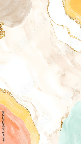 Soft hues of pink, peach, blue, and white dance together, creating a serene backdrop with shimmering gold lines, perfect for brightening any space Generative AI