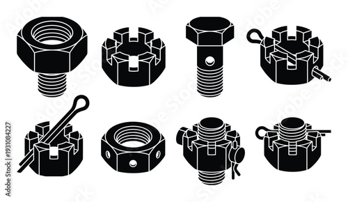 Collection of bolts and nuts illustrations, including slotted nuts and drilled bolts vector set