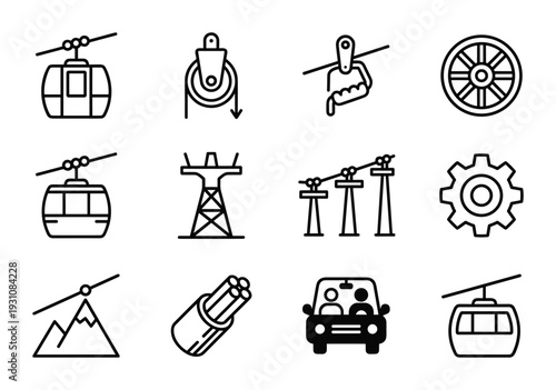 Collection of cable car, pulley, gear, transmission tower vector icons, showcasing power and transportation industry.