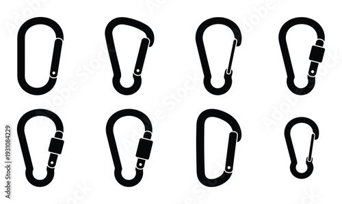 Collection of carabiners for climbing and mountaineering equipment, black color