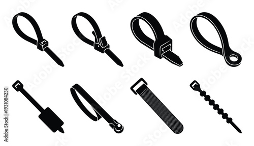 Collection of cable ties or zip ties of various types and designs in vector format