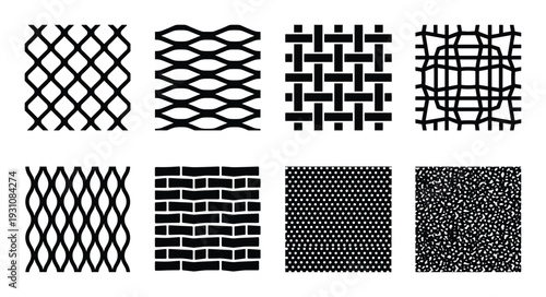 Collection of eight different texture and pattern designs with geometric shapes in black and white for background and fabric.