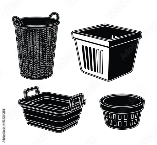 Collection of laundry baskets vector illustration in different shapes and sizes.