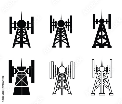 Communication towers set, vector antennas design, broadcasting towers icons and transmitter masts illustrations