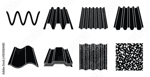 Corrugated metal sheet profiles types vector set, industrial construction materials design collection, roofing steel profiles.