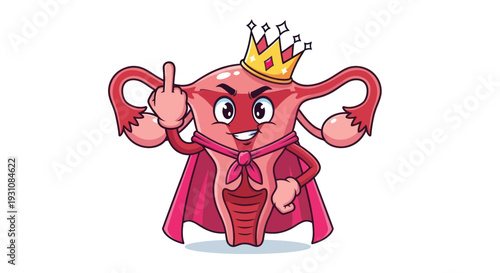 Uterus Queen Character Flipping Off with Crown and Cape