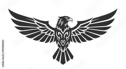 Stylized black eagle emblem with outstretched wings and intricate tribal patterns symbolizing freedom power