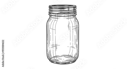 Detailed hand drawn sketch of an empty clear glass mason jar with a metal lid isolated on a white background perfect