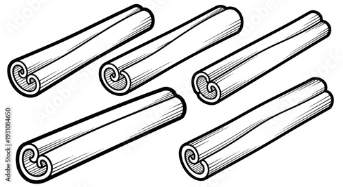 Five rolled cinnamon sticks arranged in a scattered pattern depicted in a clean high contrast black and white line art