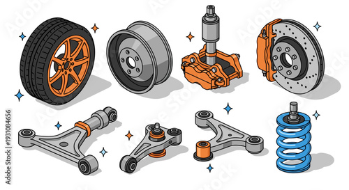 Collection of automotive suspension and braking system components including wheel rim shock absorber brake disc control