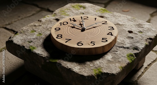A clock sits on a stone block with moss in a dark outdoor environment.