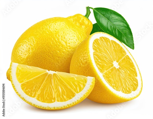 Bright yellow lemons with green leaves, slices, and segments
