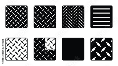Diamond plate textures set, black and white metal flooring pattern illustrations