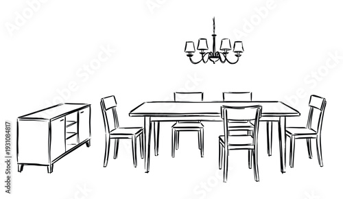 Dining room sketch illustration with table, chairs, sideboard, and chandelier, a complete set of furniture