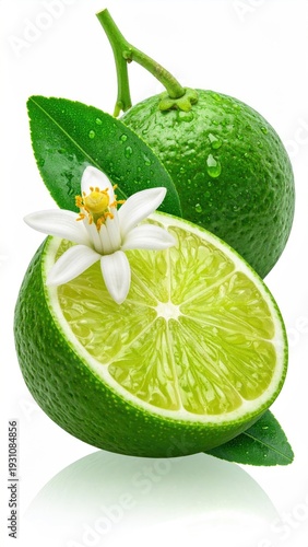 Green limes, blossom, leaves, and dew drops on white ground
