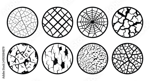 Diverse Pattern Circles: Crack, Grid, Spiderweb, and Texture Designs in Vector Illustration