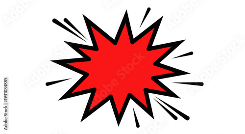 Vibrant red starburst explosion graphic with black outline and radiating lines symbolizing impact surprise or energy
