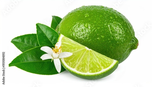 Green lime, slice, blossom, leaves, and condensation drops