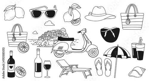 Summer vacation icons and elements scooter beach chair hat sunglasses drinks wine and fruit hand drawn sketch style