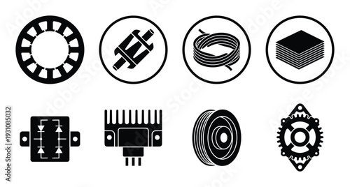 Electrical components vector icons set. Circuit, heatsink, coil, stator, diode bridge and pulley