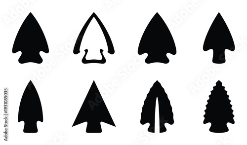 Eight Black and White Arrowhead Variations Vector Art, Native American Arrowheads Stone Tools Isolated