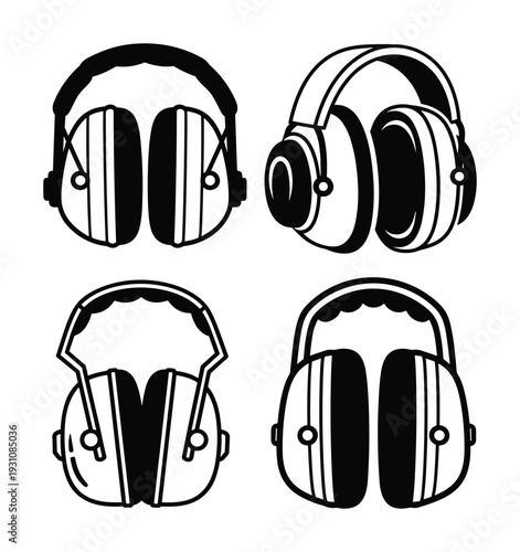 Ear protection muff vector icons set, Noise reduction ear muffs drawing design, Safety hearing equipment illustration
