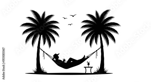 Silhouette of a person relaxing in a hammock between two palm trees enjoying a drink on a tropical beach at sunset