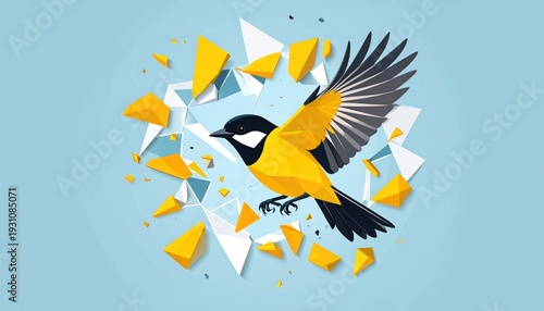 A vibrant yellow bird in flight, exploding from fractured geometric shapes, blue background
