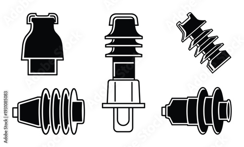 Electrical insulators vector set illustration. Porcelain insulator designs with different shapes and structures for high voltage transmission.