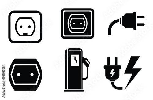 Electrical outlets, plug, charging station vector icons and symbols collection, simple black isolated drawings