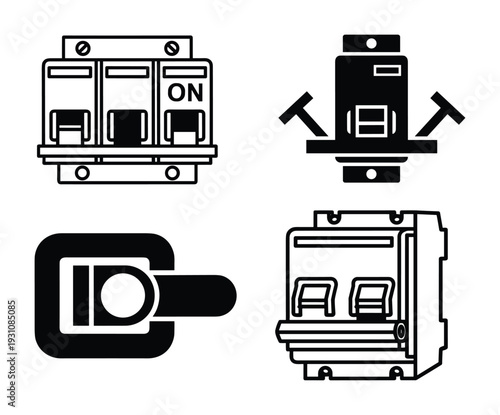 Electrical Switches Vector Illustration Set, Including a Toggle Switch and Circuit Breakers