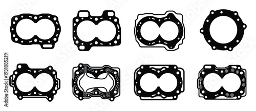 Engine cylinder head gaskets black and white vector set, Various shapes and sizes, Automotive engine repair components.