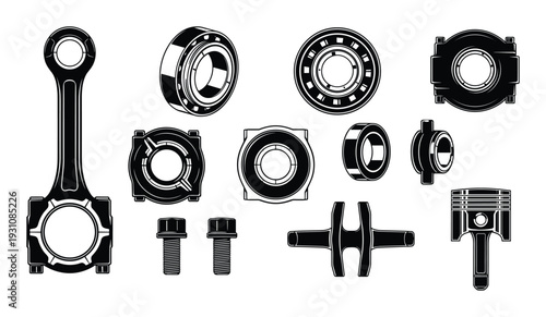 Engine parts vector illustration with piston, connecting rod, bearings, bolts and crankshaft
