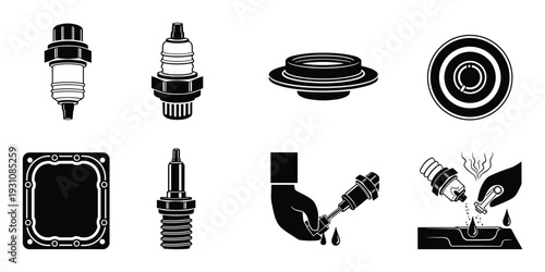 Engine parts icons vector set. Automobile engine oil change maintenance and car service elements line art collection