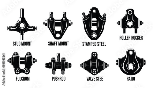 Engine rocker arm types: stud mount, shaft mount, stamped steel, roller rocker, fulcrum, pushrod, valve stee, and ratio